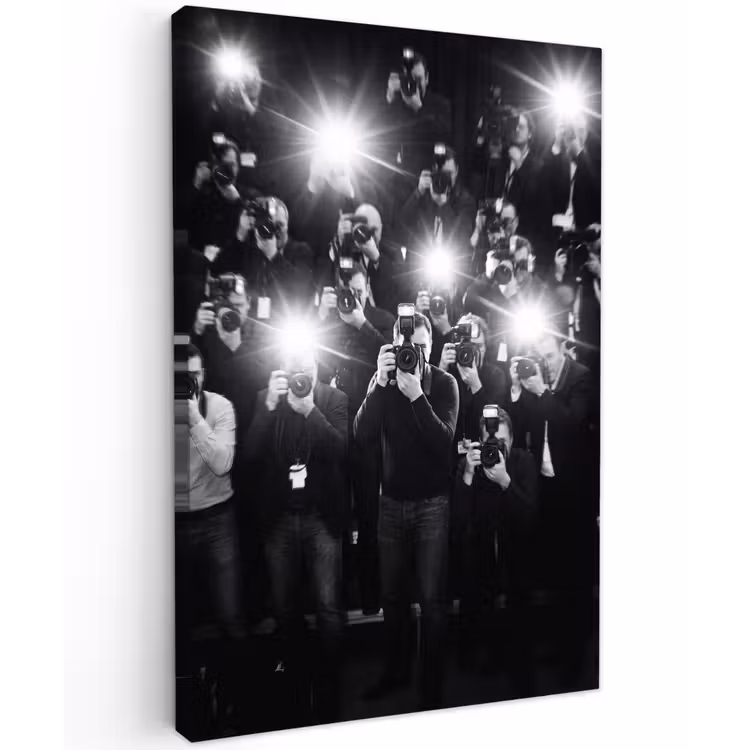 Mensen - Camera - Flitslicht - Zwart-wit - Media Tuinposter op houten frame 2 cm dik klein -3d