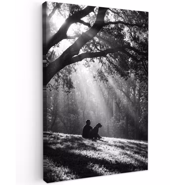 Mens - Hond - Natuur - Zwart-wit - Silhouet Tuinposter op houten frame 2 cm dik klein -3d