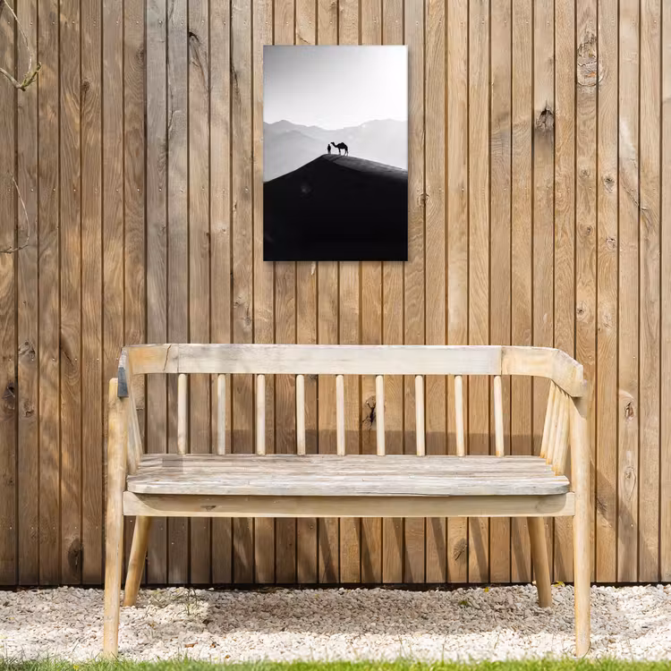 Mens - Kameel - Zandduin - Natuur - Monochroom Tuinposter op houten frame 2 cm dik klein -sfeer4