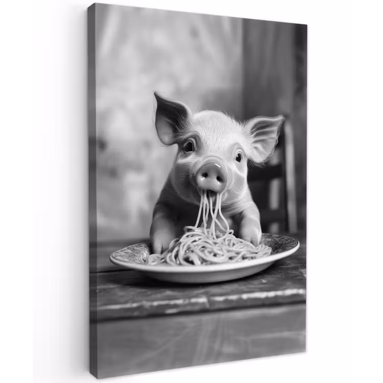 Varken - Schattig - Spaghetti - Zwart wit - Dier Tuinposter op houten frame 2 cm dik klein -3d
