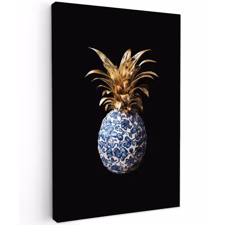 Ananas - Bloemen patroon - Goud - Delftsblauw Tuinposter op houten frame 2 cm dik klein -3d