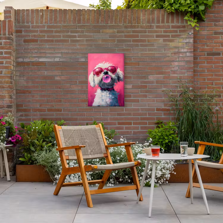 Pink - Hond - Bubbel Tuinposter op houten frame 2 cm dik klein -sfeer3