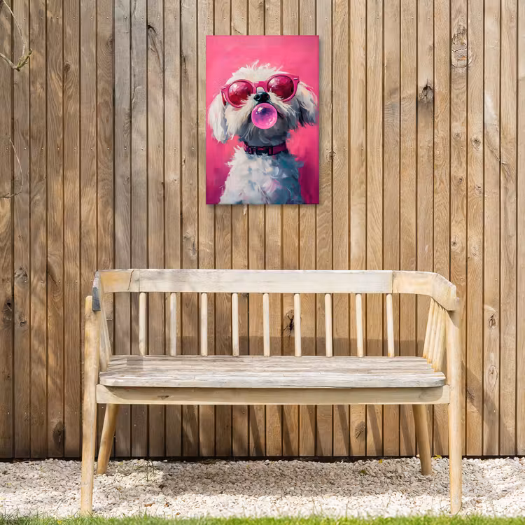Pink - Hond - Bubbel Tuinposter op houten frame 2 cm dik klein -sfeer4