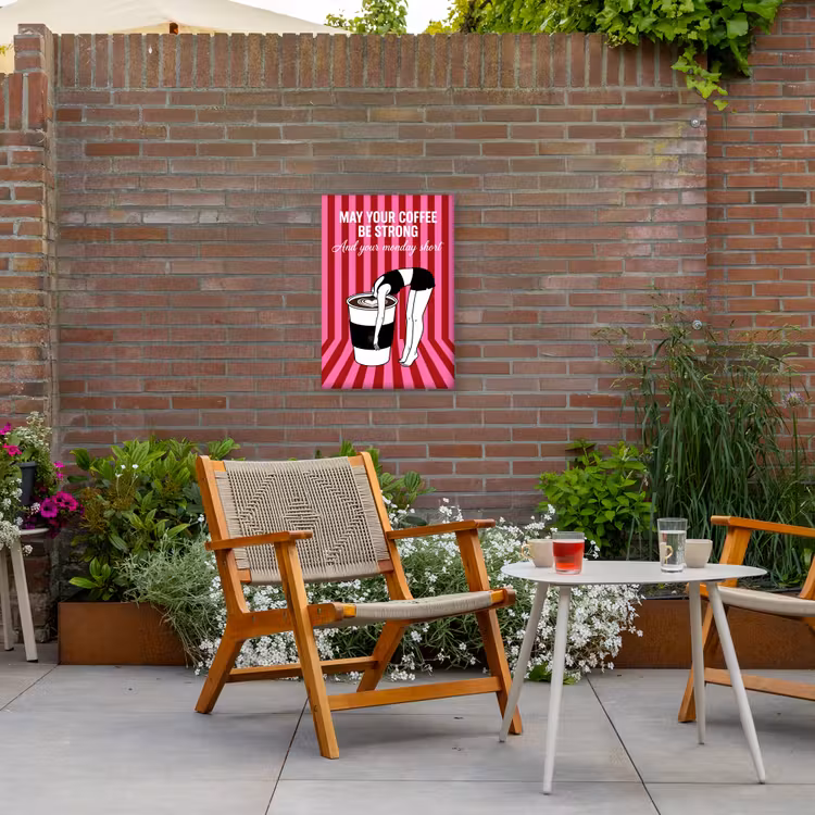 Roze - Strepen - Koffie - Maandag Tuinposter op houten frame 2 cm dik klein -sfeer3