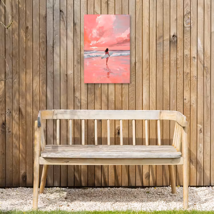 Roze - Surfen - Zee Tuinposter op houten frame 2 cm dik klein -sfeer4