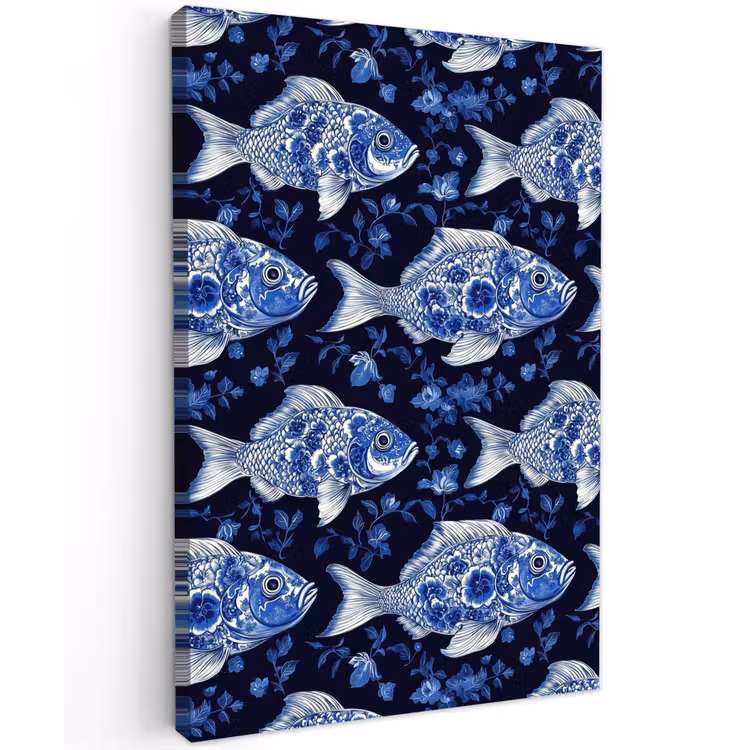 Vissen - Bloemen - Blauw Tuinposter op houten frame 2 cm dik klein 841 -3d