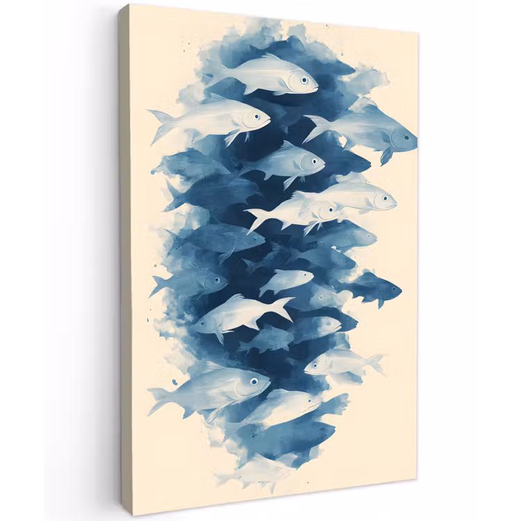 Vissen - Minimalistisch - Blauw Tuinposter op houten frame 2 cm dik klein -3d