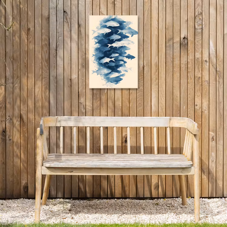 Vissen - Minimalistisch - Blauw Tuinposter op houten frame 2 cm dik klein -sfeer4