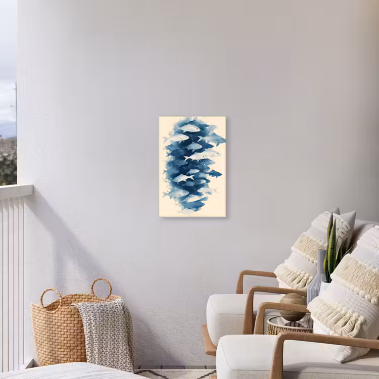 Vissen - Minimalistisch - Blauw Tuinposter op houten frame 2 cm dik klein -sfeer1