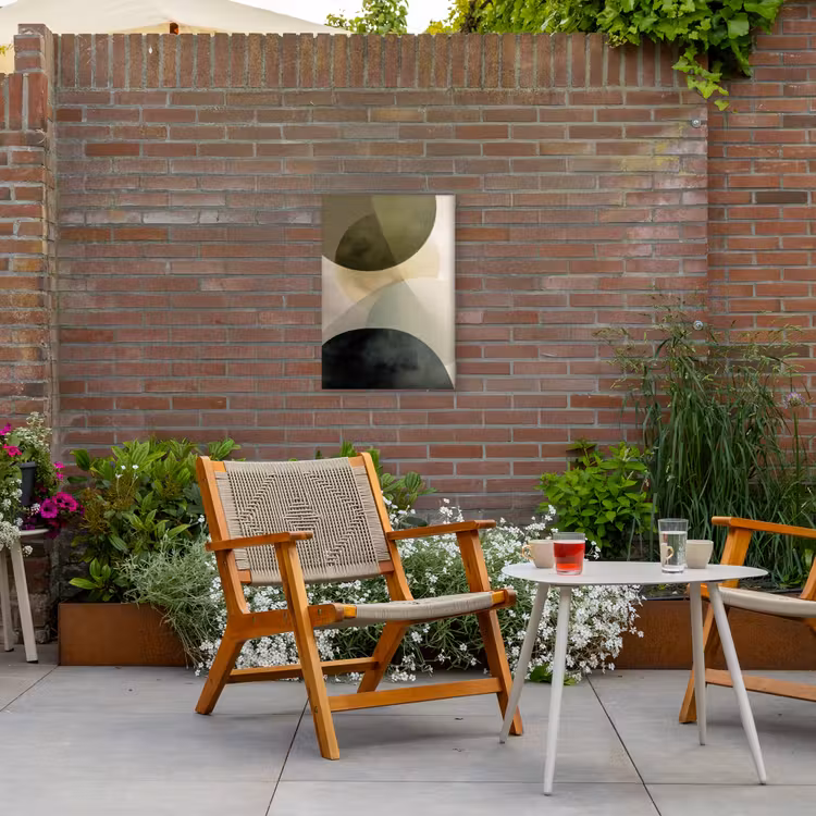 Vlakken - Abstract - Beige - Cirkels Tuinposter op houten frame 2 cm dik klein -sfeer3