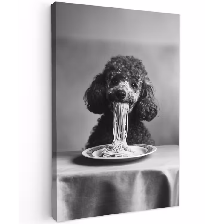 Poedel - Hond - Zwart - Wit - Schattig - Pasta Tuinposter op houten frame 2 cm dik klein -3d