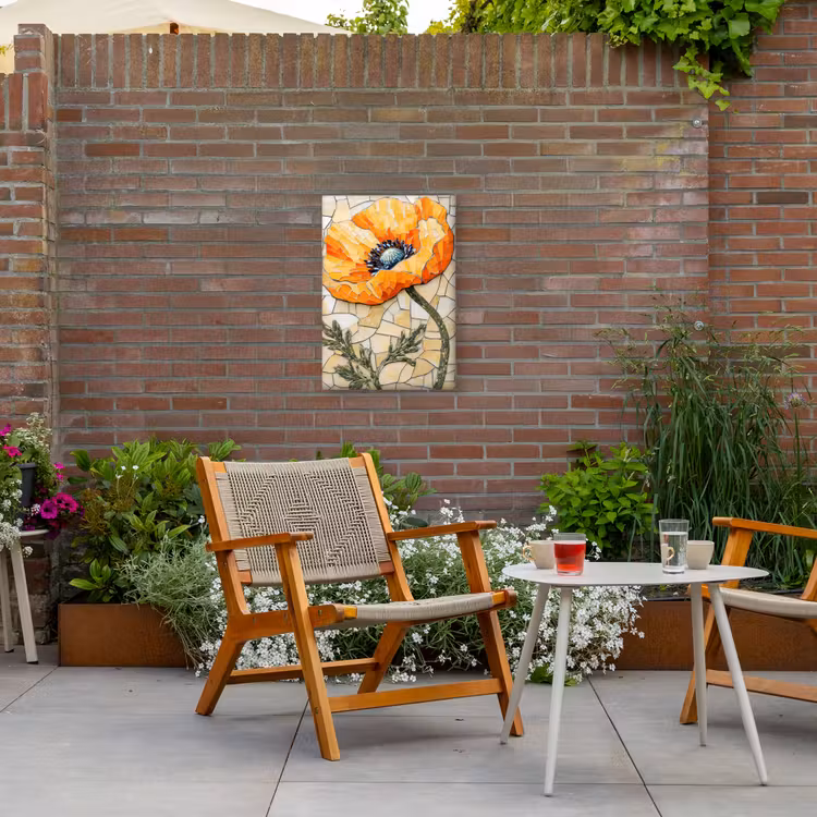 Klaprozen - Oranje - Mozaïek - Bladeren Tuinposter op houten frame 2 cm dik klein -sfeer3