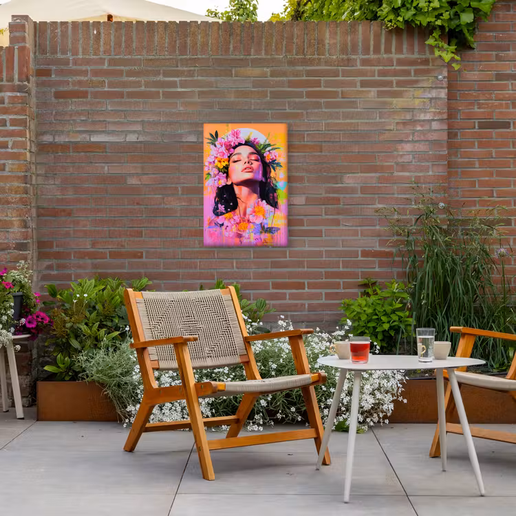 Portret - Bloemenkroon - Vrouw Tuinposter op houten frame 2 cm dik klein -sfeer3