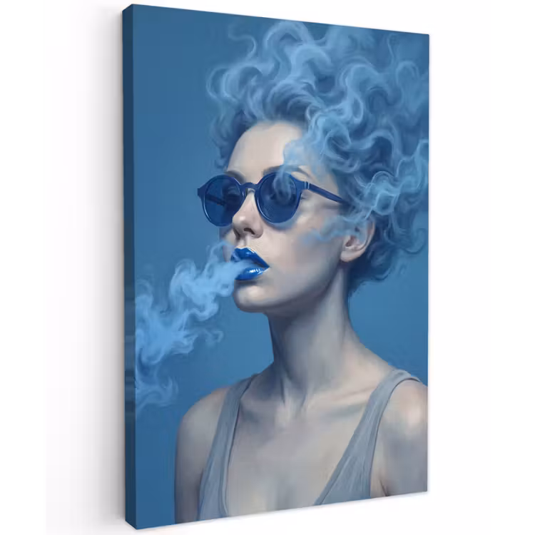 Portret - Zonnebril - Rook - Abstract - Blauw Tuinposter op houten frame 2 cm dik klein -3d
