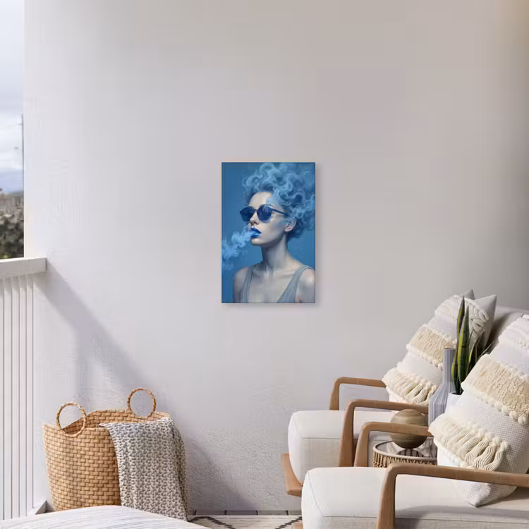 Portret - Zonnebril - Rook - Abstract - Blauw Tuinposter op houten frame 2 cm dik klein -sfeer1