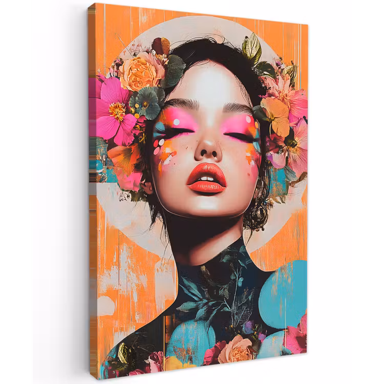 Portret - Vrouw - Abstract - Bloemen Tuinposter op houten frame 2 cm dik klein -3d