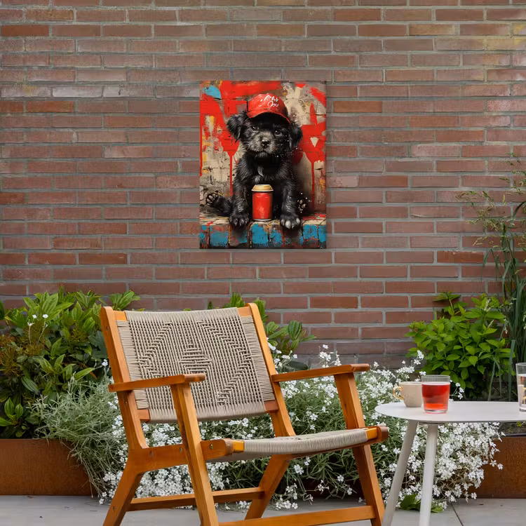Puppy met Rode Pet en Spuitbus Tuinposter op houten frame 2 cm dik klein -sfeer3