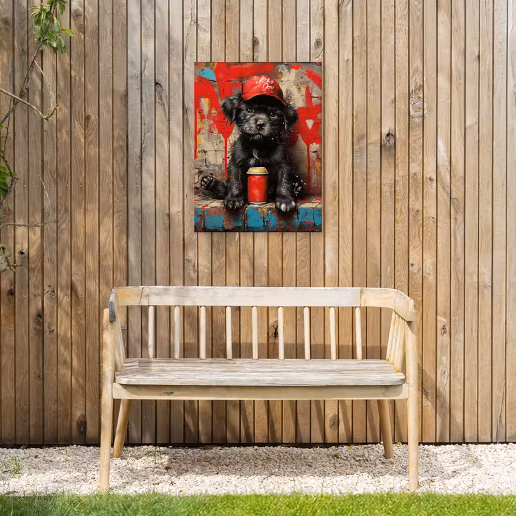 Puppy met Rode Pet en Spuitbus Tuinposter op houten frame 2 cm dik klein -sfeer4