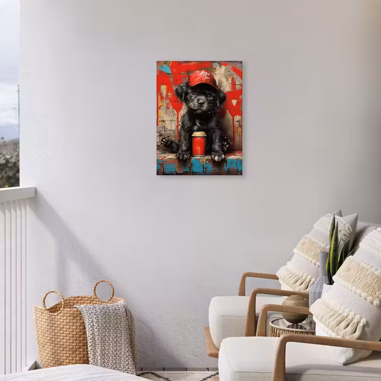 Puppy met Rode Pet en Spuitbus Tuinposter op houten frame 2 cm dik klein -sfeer1