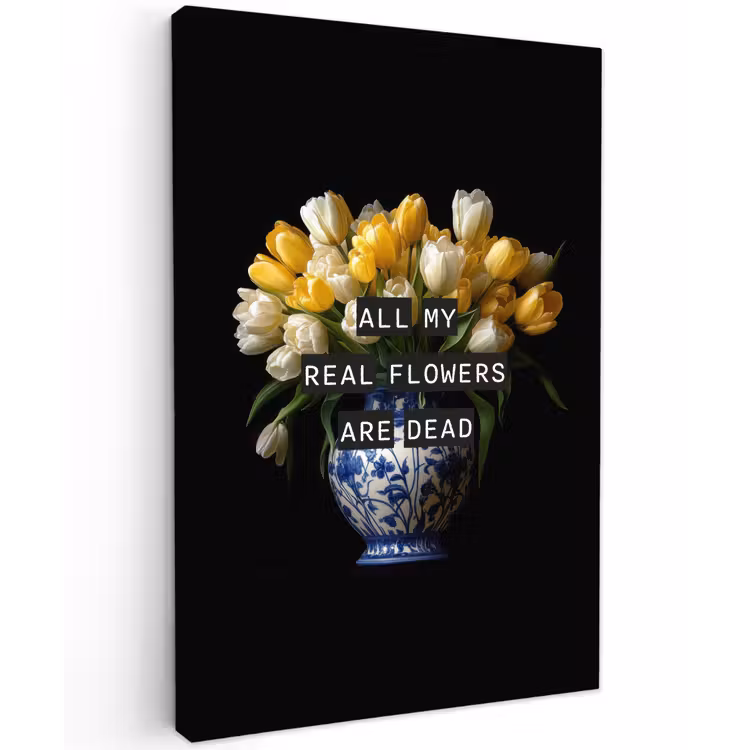 Quotes - Bloem - Tulp - Geel Tuinposter op houten frame 2 cm dik klein -3d