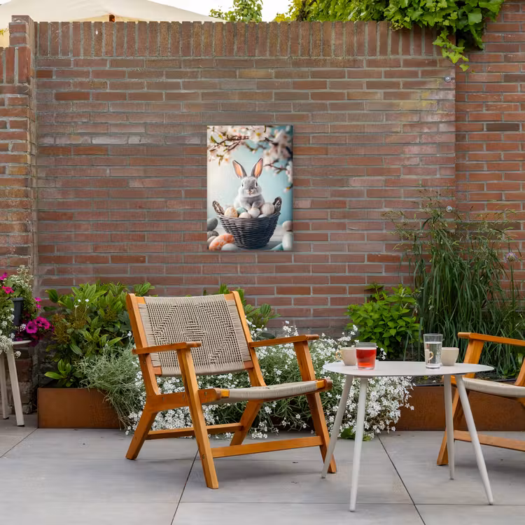 Konijn - Eieren - Mand Tuinposter op houten frame 2 cm dik klein -sfeer3