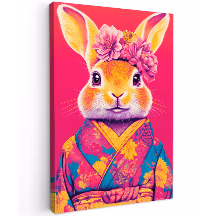 Konijn - Bloemen - Kleurrijk - Kimono Tuinposter op houten frame 2 cm dik klein -3d