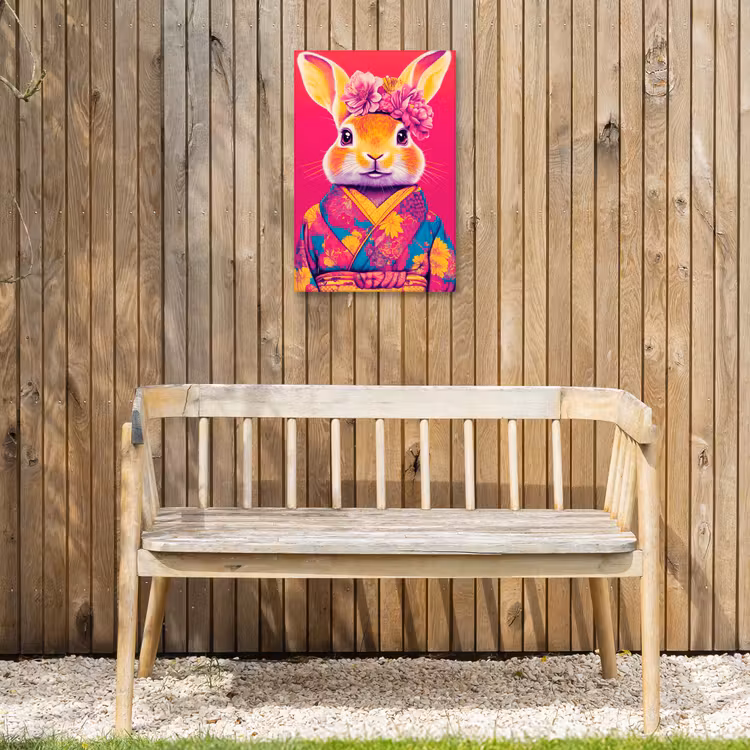 Konijn - Bloemen - Kleurrijk - Kimono Tuinposter op houten frame 2 cm dik klein -sfeer4