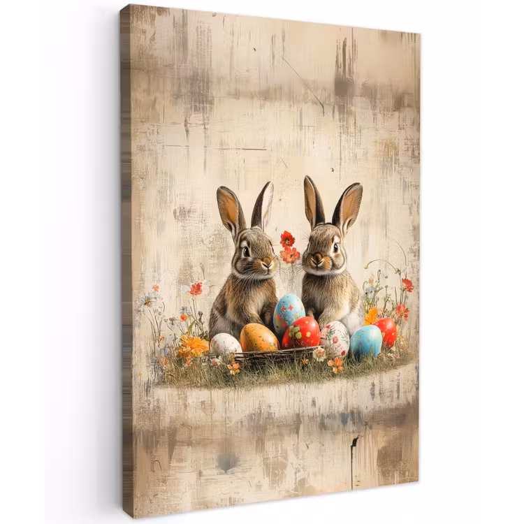 Konijnen - Bloemen - Eieren Tuinposter op houten frame 2 cm dik klein -3d