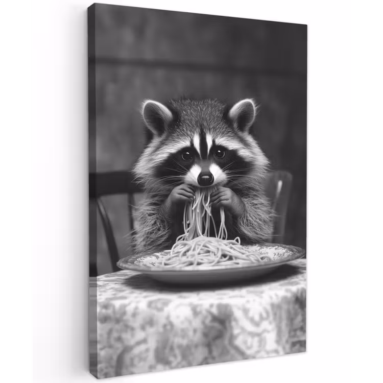 Wasbeer - Cute - Pasta - Tafelkleed - Zwart - Wit Tuinposter op houten frame 2 cm dik klein -3d