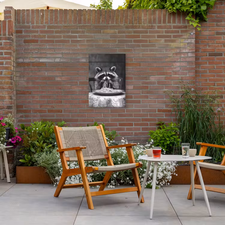 Wasbeer - Cute - Pasta - Tafelkleed - Zwart - Wit Tuinposter op houten frame 2 cm dik klein -sfeer3