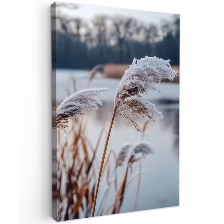 Riet - Gras - Natuur - Winter - Meer Tuinposter op houten frame 2 cm dik klein -3d