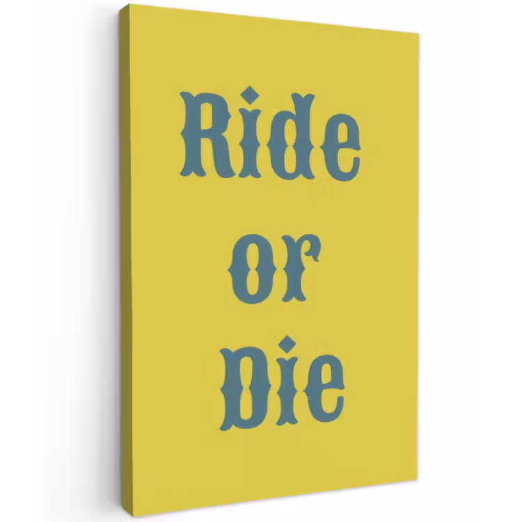 Ride or die - Geel - Blauw Tuinposter op houten frame 2 cm dik klein -3d