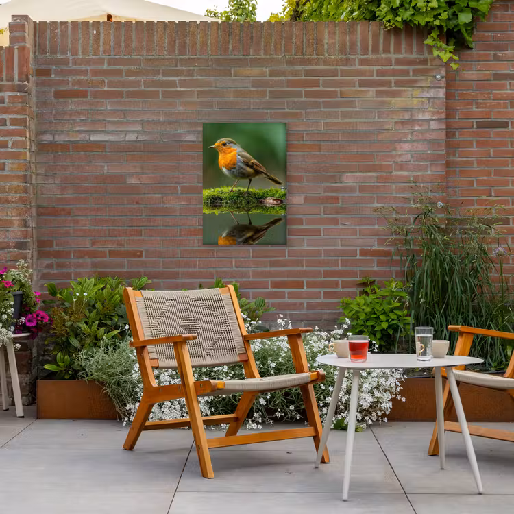 Roodborstje bij het Water Tuinposter op houten frame 2 cm dik klein -sfeer3