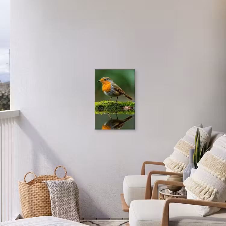 Roodborstje bij het Water Tuinposter op houten frame 2 cm dik klein -sfeer1