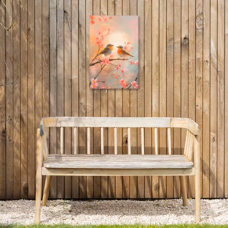 Roodborstjes - Sierlijk - Bloesemtak Tuinposter op houten frame 2 cm dik klein -sfeer4
