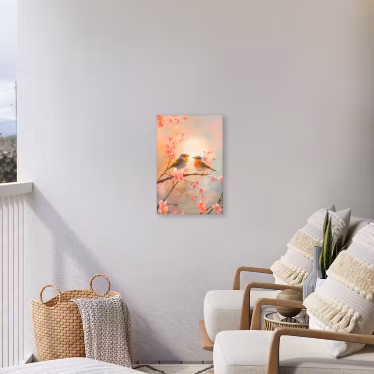 Roodborstjes - Sierlijk - Bloesemtak Tuinposter op houten frame 2 cm dik klein -sfeer1