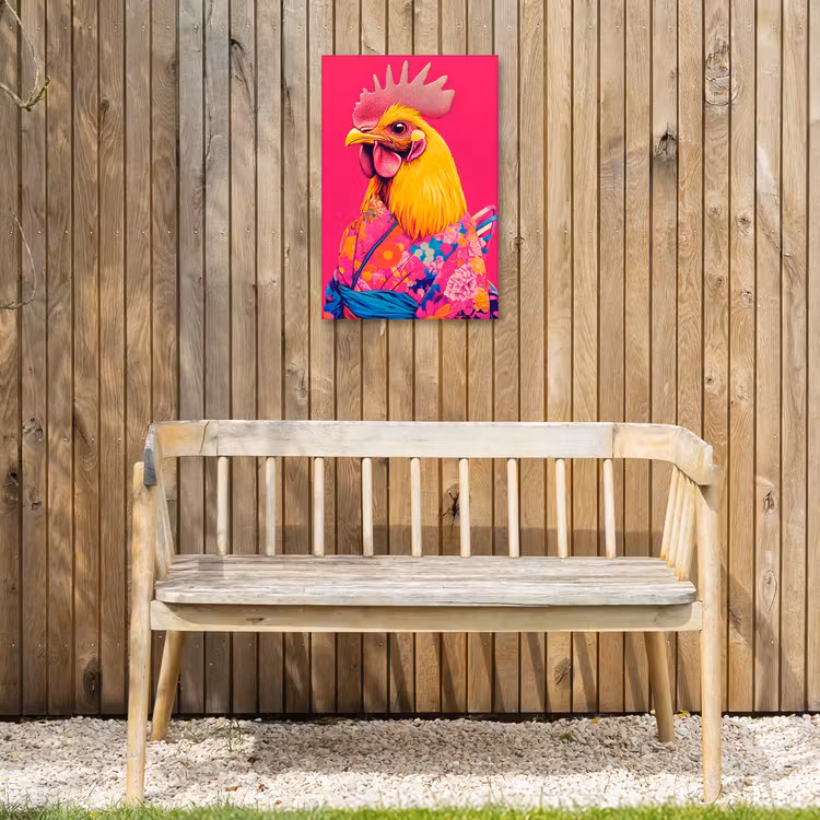 Haan - Kleurrijk - Kimono - Roze Tuinposter op houten frame 2 cm dik klein -sfeer4