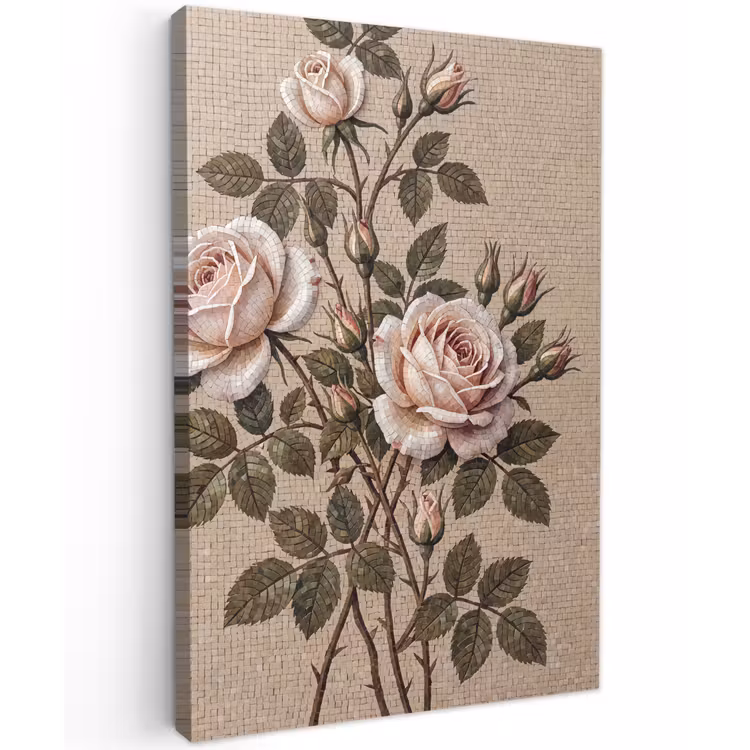 Roos - Mozaïek - Bloemen - Klassiek - Beige Tuinposter op houten frame 2 cm dik klein -3d