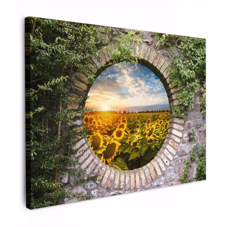 Ronde poort naar zonnebloemveld Tuinposter op houten frame 2 cm dik klein -3d