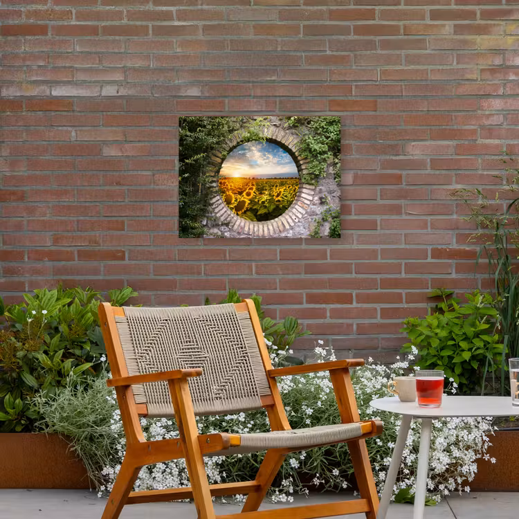 Ronde poort naar zonnebloemveld Tuinposter op houten frame 2 cm dik klein -sfeer3