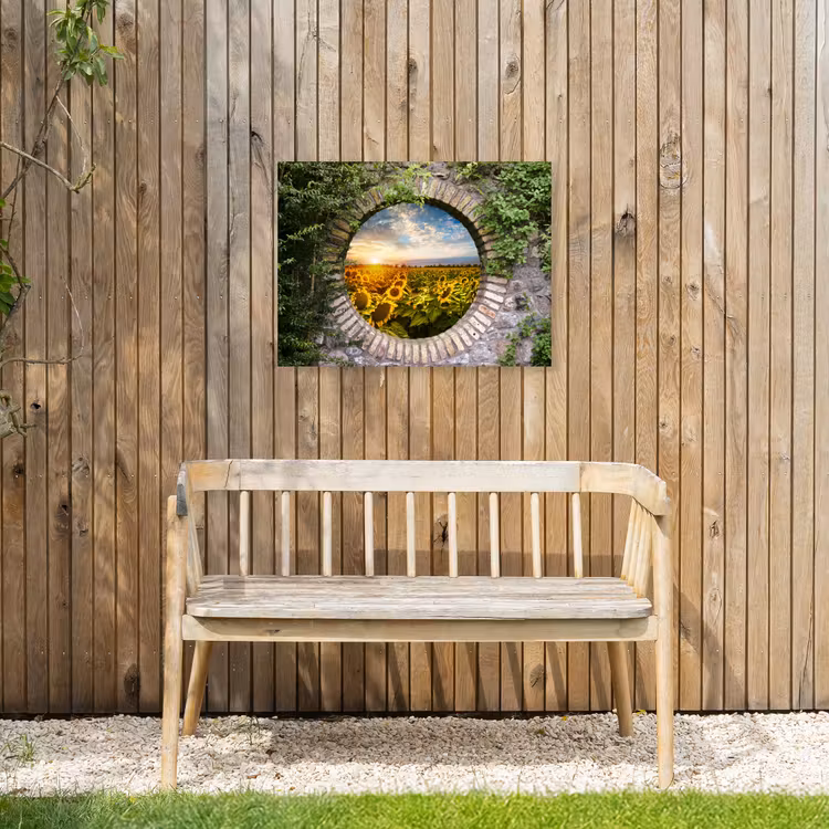 Ronde poort naar zonnebloemveld Tuinposter op houten frame 2 cm dik klein -sfeer4