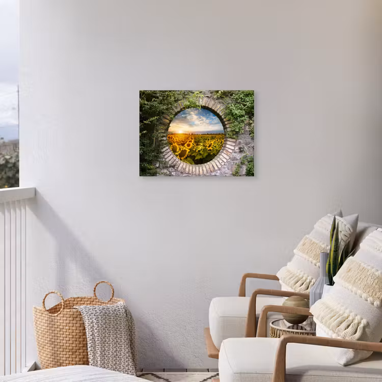 Ronde poort naar zonnebloemveld Tuinposter op houten frame 2 cm dik klein -sfeer1