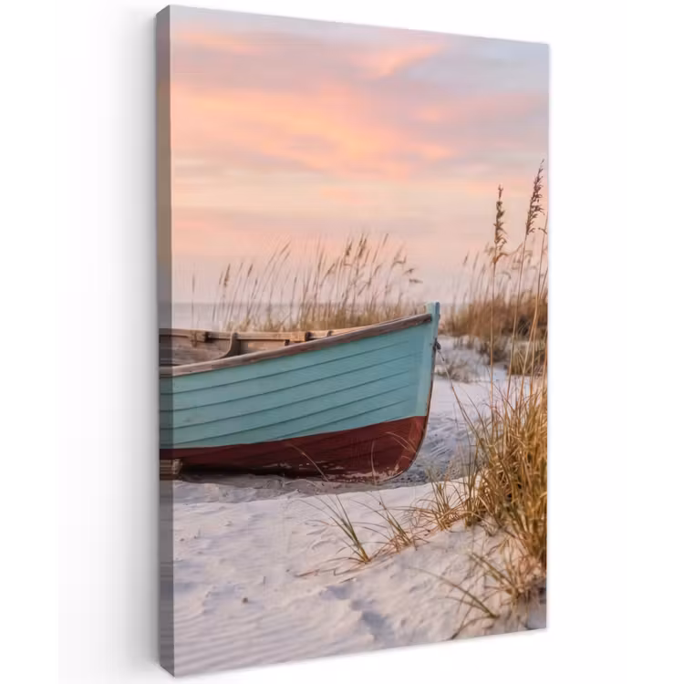 Rustiek - Roeiboot - Zandstrand Tuinposter op houten frame 2 cm dik klein -3d