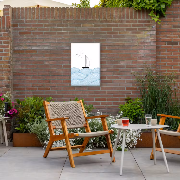 Zeilboot - Golven - Zee - Illustratie - Blauw Tuinposter op houten frame 2 cm dik klein -sfeer3