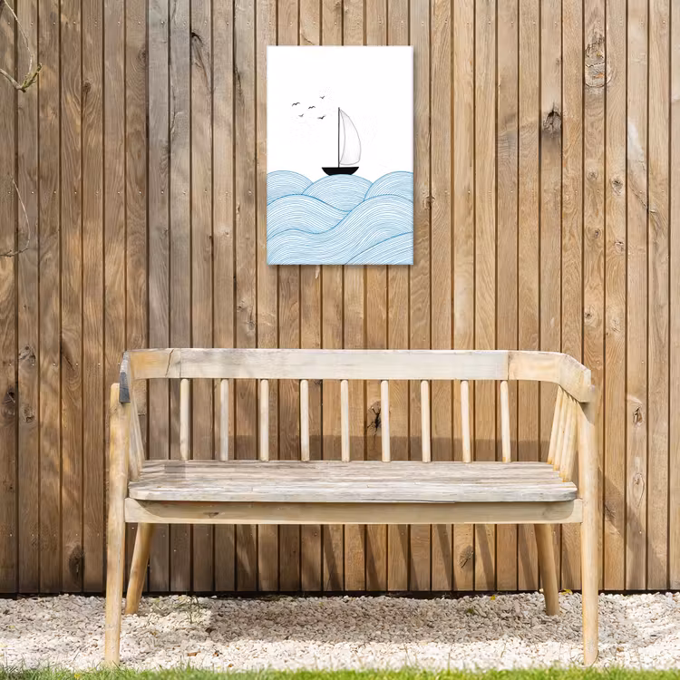 Zeilboot - Golven - Zee - Illustratie - Blauw Tuinposter op houten frame 2 cm dik klein -sfeer4