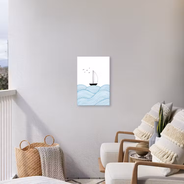 Zeilboot - Golven - Zee - Illustratie - Blauw Tuinposter op houten frame 2 cm dik klein -sfeer1