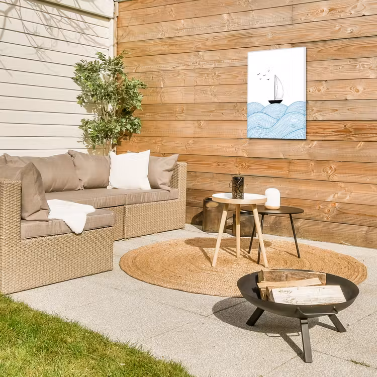 Zeilboot - Golven - Zee - Illustratie - Blauw Tuinposter op houten frame 2 cm dik klein -sfeer2