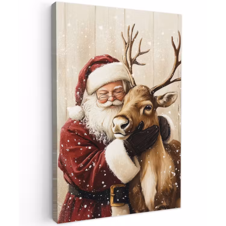 Kerstman - Rendier - Sneeuw - Kleurrijk Tuinposter op houten frame 2 cm dik klein -3d