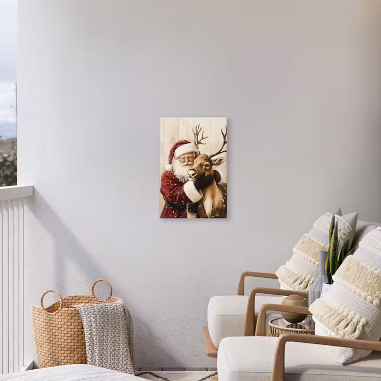 Kerstman - Rendier - Sneeuw - Kleurrijk Tuinposter op houten frame 2 cm dik klein -sfeer1
