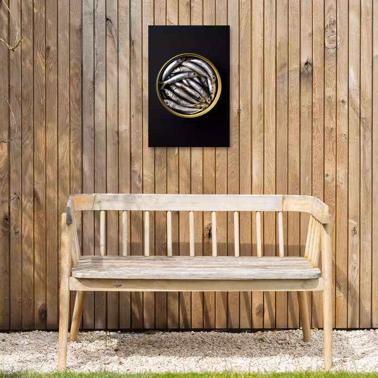 Sardines - Vissen - Rond - Zwart Tuinposter op houten frame 2 cm dik klein -sfeer4